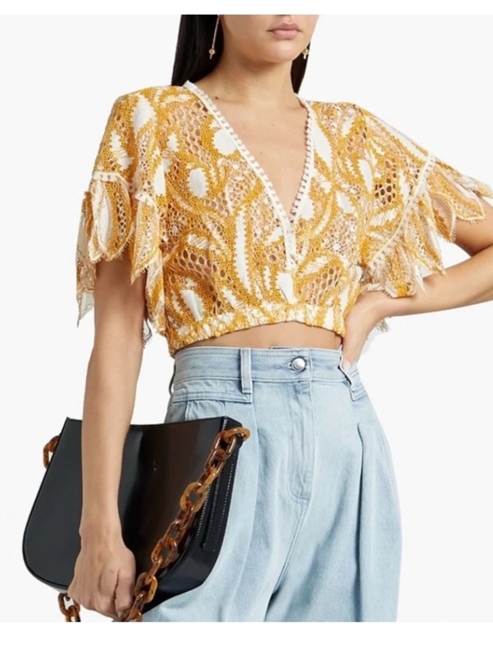 ALEXIS Marcin Cropped Tassel Corded Lace Top NWT Boho Orange White M